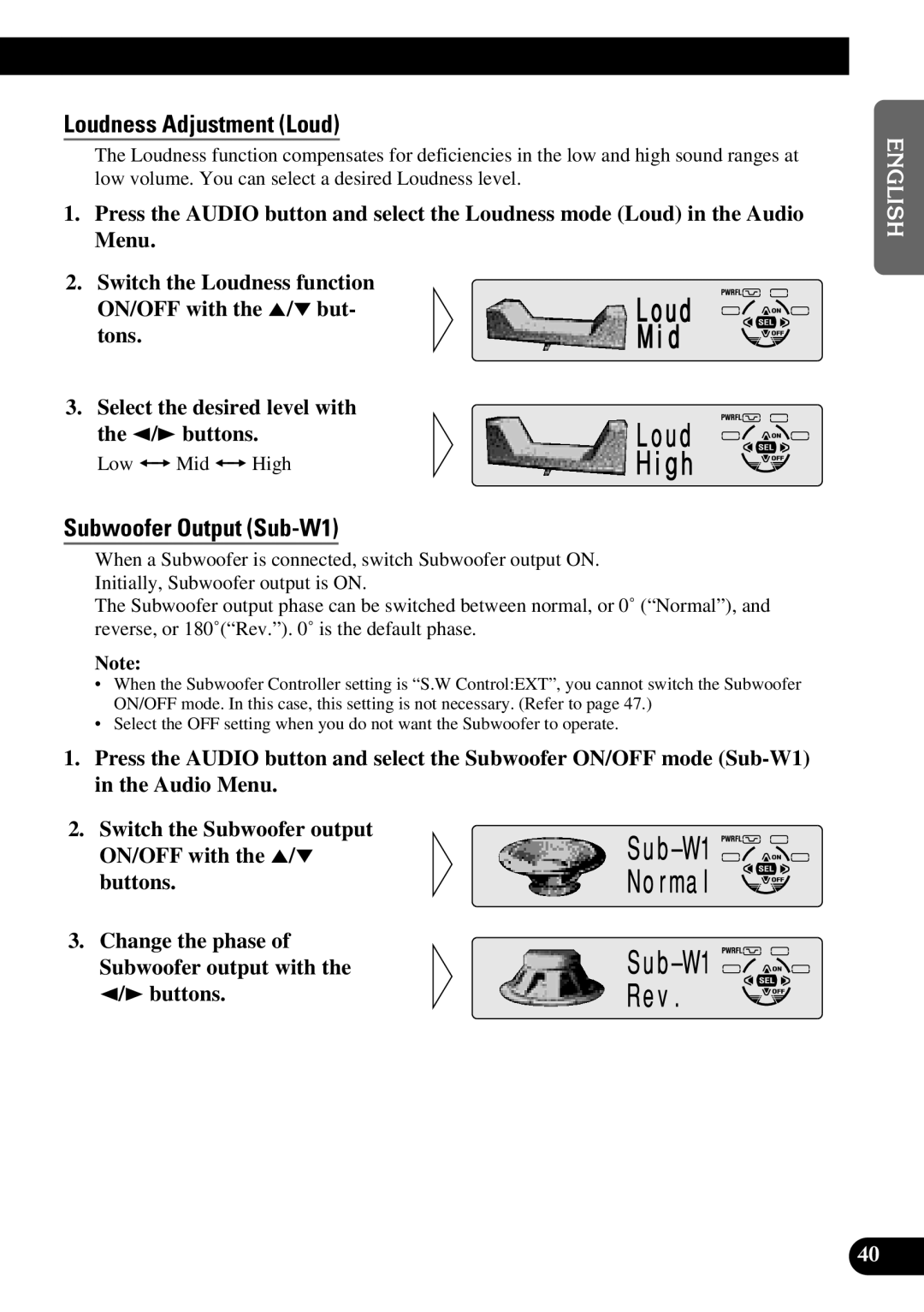 Pioneer DEH-P630, DEH-P730 operation manual Loudness Adjustment Loud, Subwoofer Output Sub-W1, Low += Mid += High 