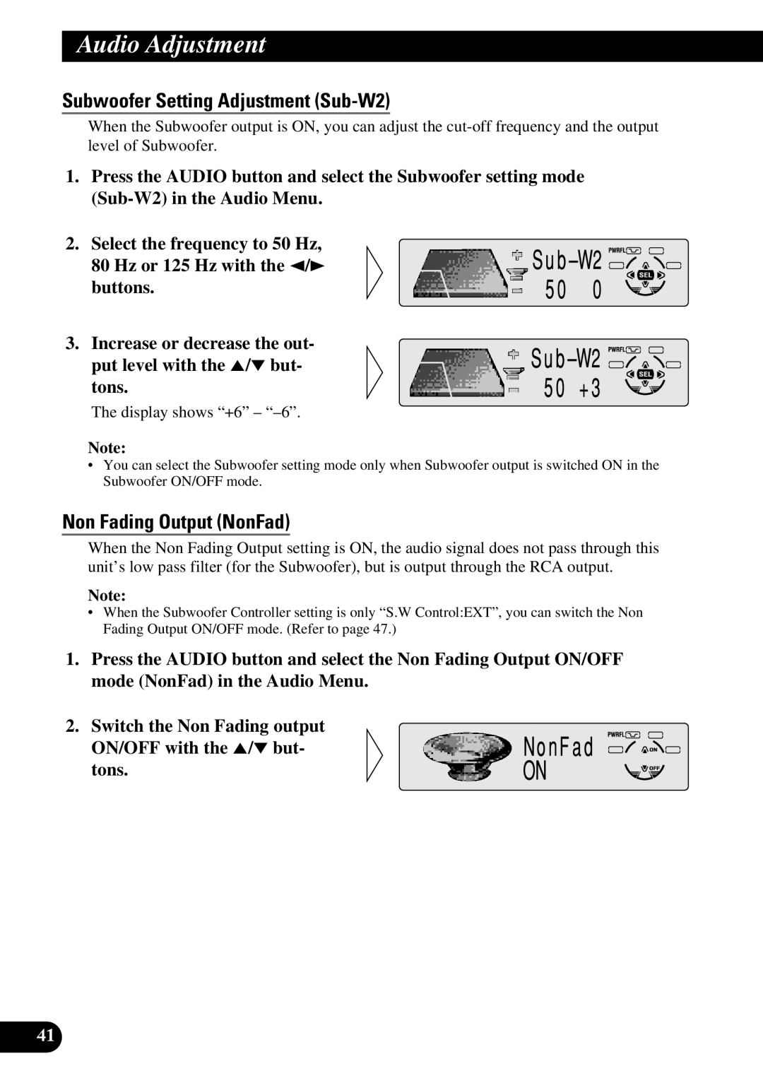 Pioneer DEH-P730, DEH-P630 operation manual Subwoofer Setting Adjustment Sub-W2, Non Fading Output NonFad 