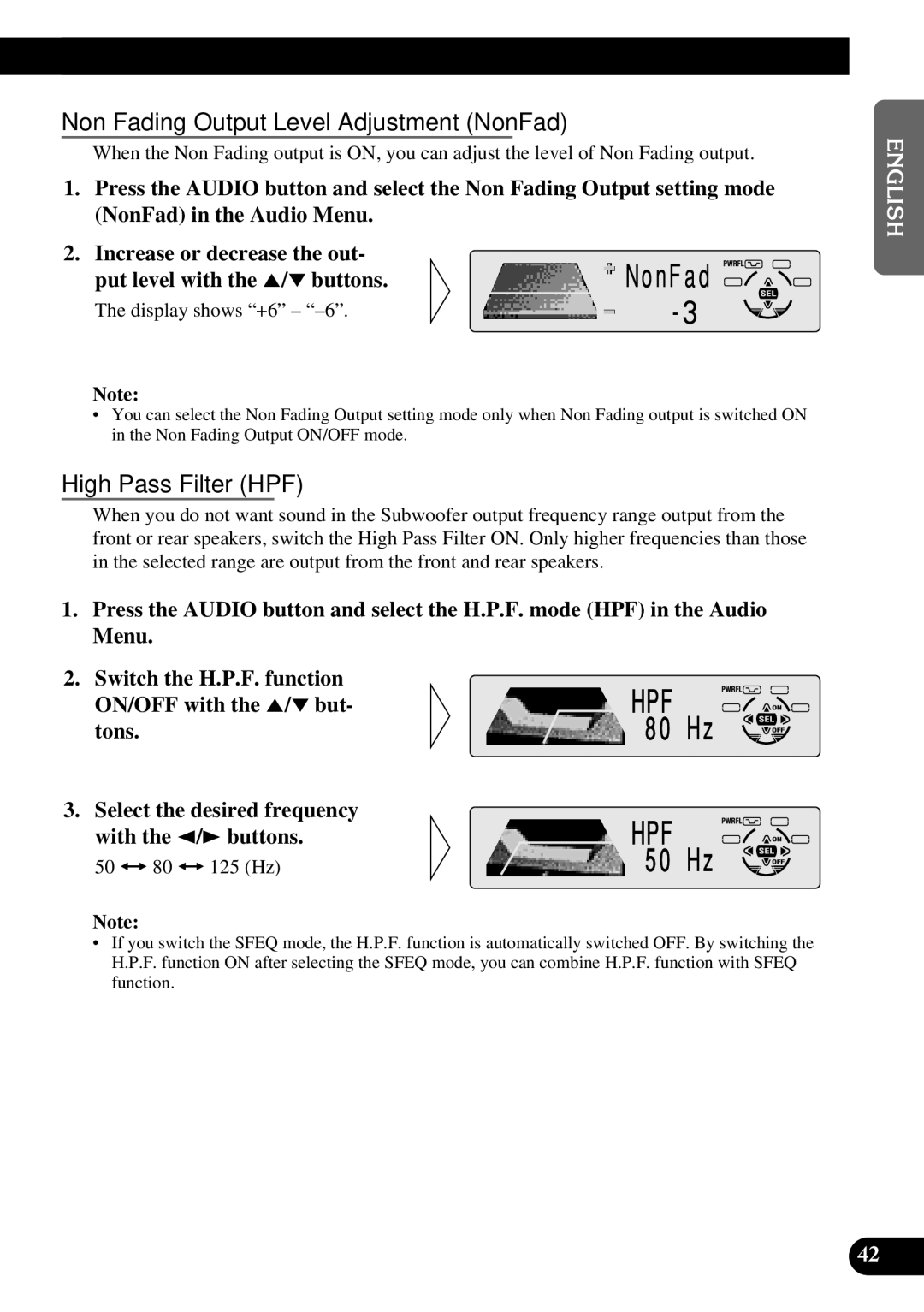 Pioneer DEH-P630, DEH-P730 Non Fading Output Level Adjustment NonFad, High Pass Filter HPF, 50 += 80 += 125 Hz 