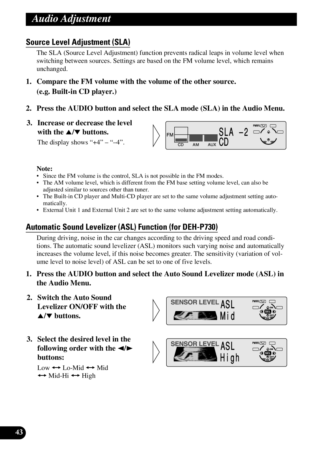 Pioneer DEH-P630 Source Level Adjustment SLA, Automatic Sound Levelizer ASL Function for DEH-P730, Display shows +4 