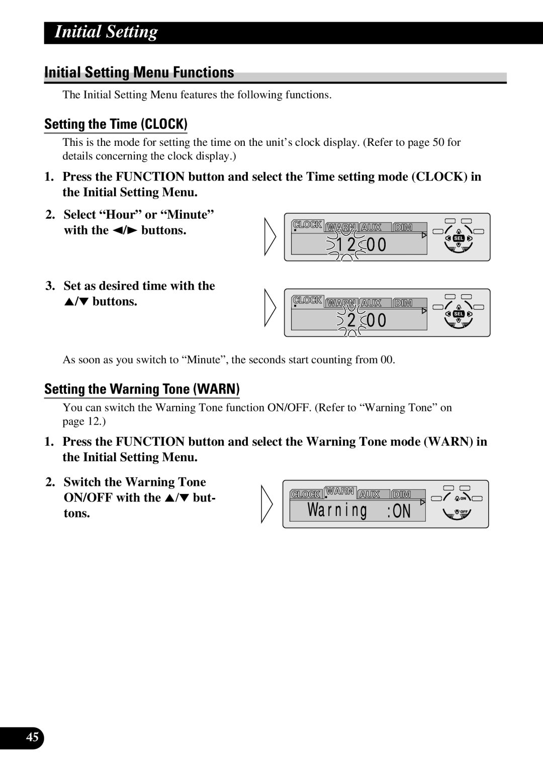 Pioneer DEH-P730, DEH-P630 Initial Setting Menu Functions, Setting the Time Clock, Setting the Warning Tone Warn 