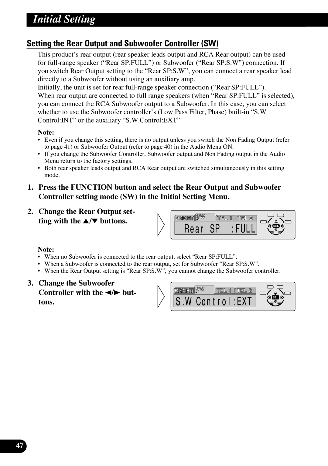 Pioneer DEH-P730, DEH-P630 operation manual Setting the Rear Output and Subwoofer Controller SW 