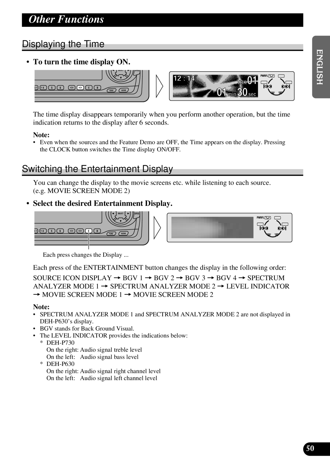 Pioneer DEH-P630 Other Functions, Displaying the Time, Switching the Entertainment Display, To turn the time display on 