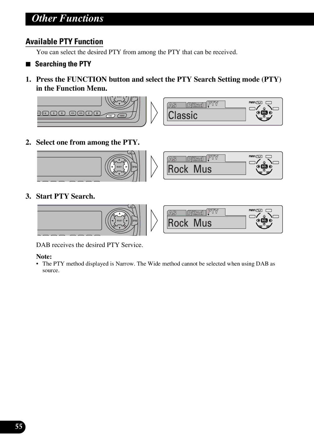 Pioneer DEH-P730, DEH-P630 Available PTY Function, Searching the PTY, Select one from among the PTY, Start PTY Search 