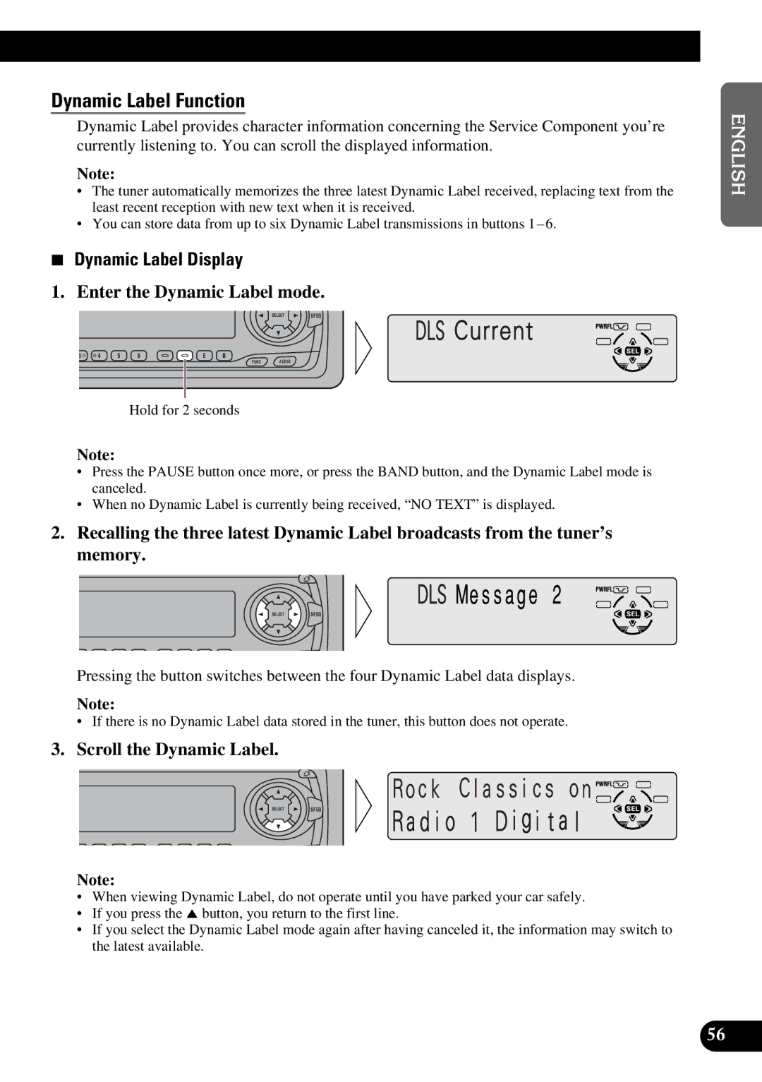 Pioneer DEH-P630 Dynamic Label Function, Dynamic Label Display, Enter the Dynamic Label mode, Scroll the Dynamic Label 