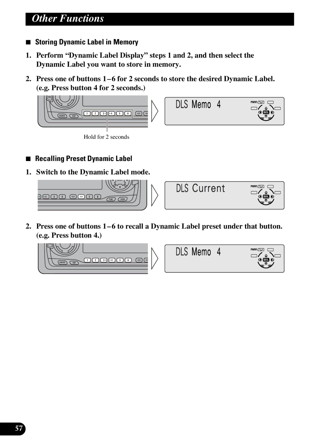 Pioneer DEH-P730 Storing Dynamic Label in Memory, Recalling Preset Dynamic Label, Switch to the Dynamic Label mode 