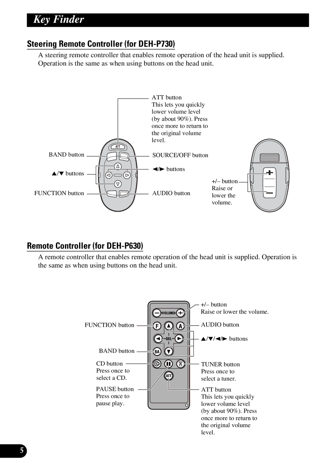 Pioneer operation manual Steering Remote Controller for DEH-P730, Remote Controller for DEH-P630 