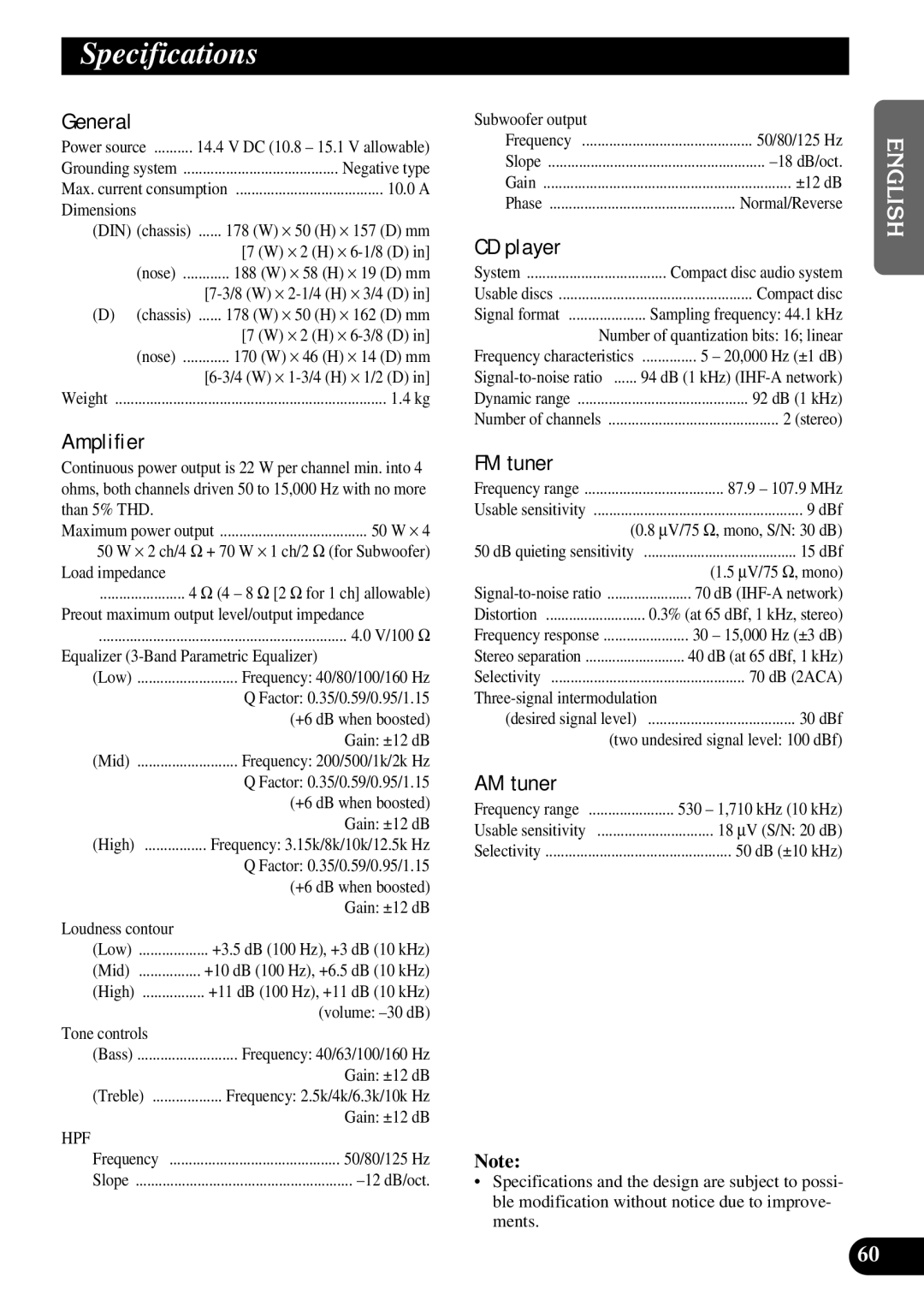 Pioneer DEH-P630, DEH-P730 operation manual Specifications 