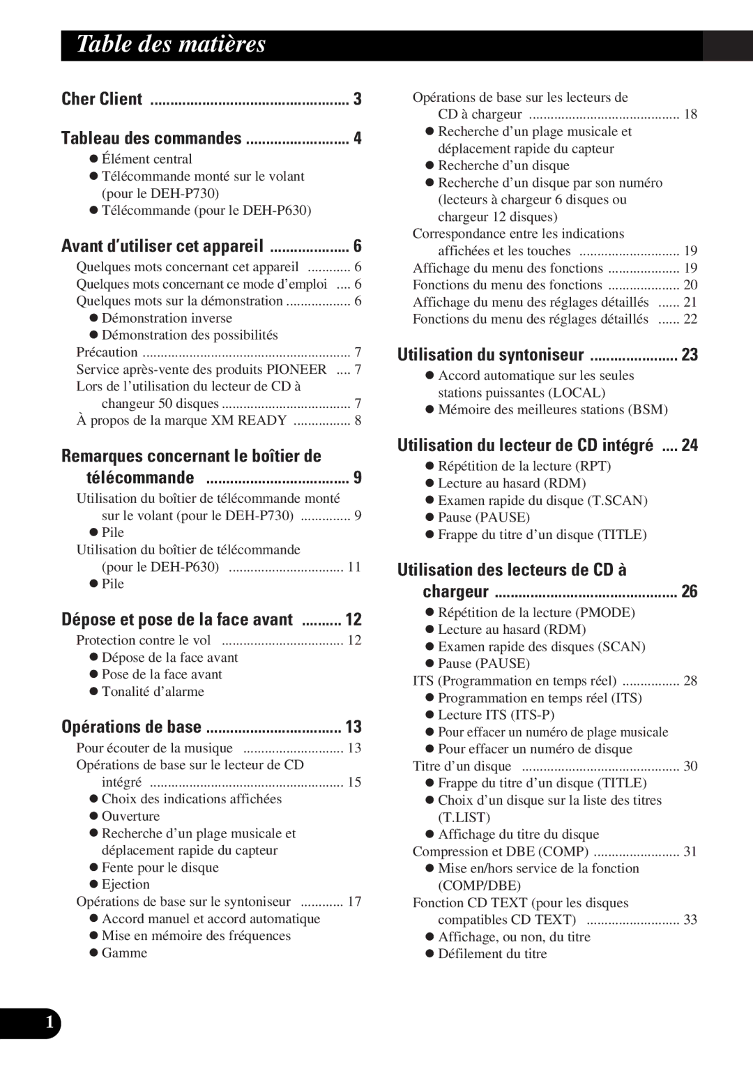 Pioneer DEH-P730, DEH-P630 operation manual Table des matières, Utilisation des lecteurs de CD à 