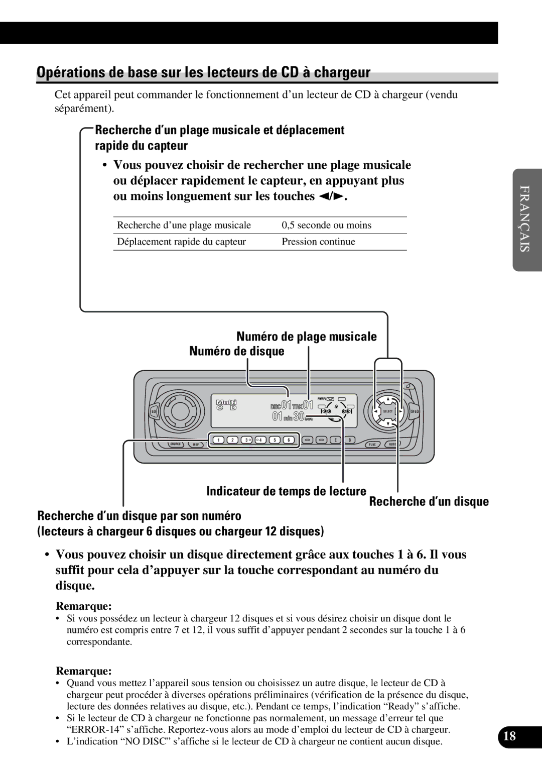 Pioneer DEH-P630, DEH-P730 Opérations de base sur les lecteurs de CD à chargeur, Numéro de plage musicale Numéro de disque 