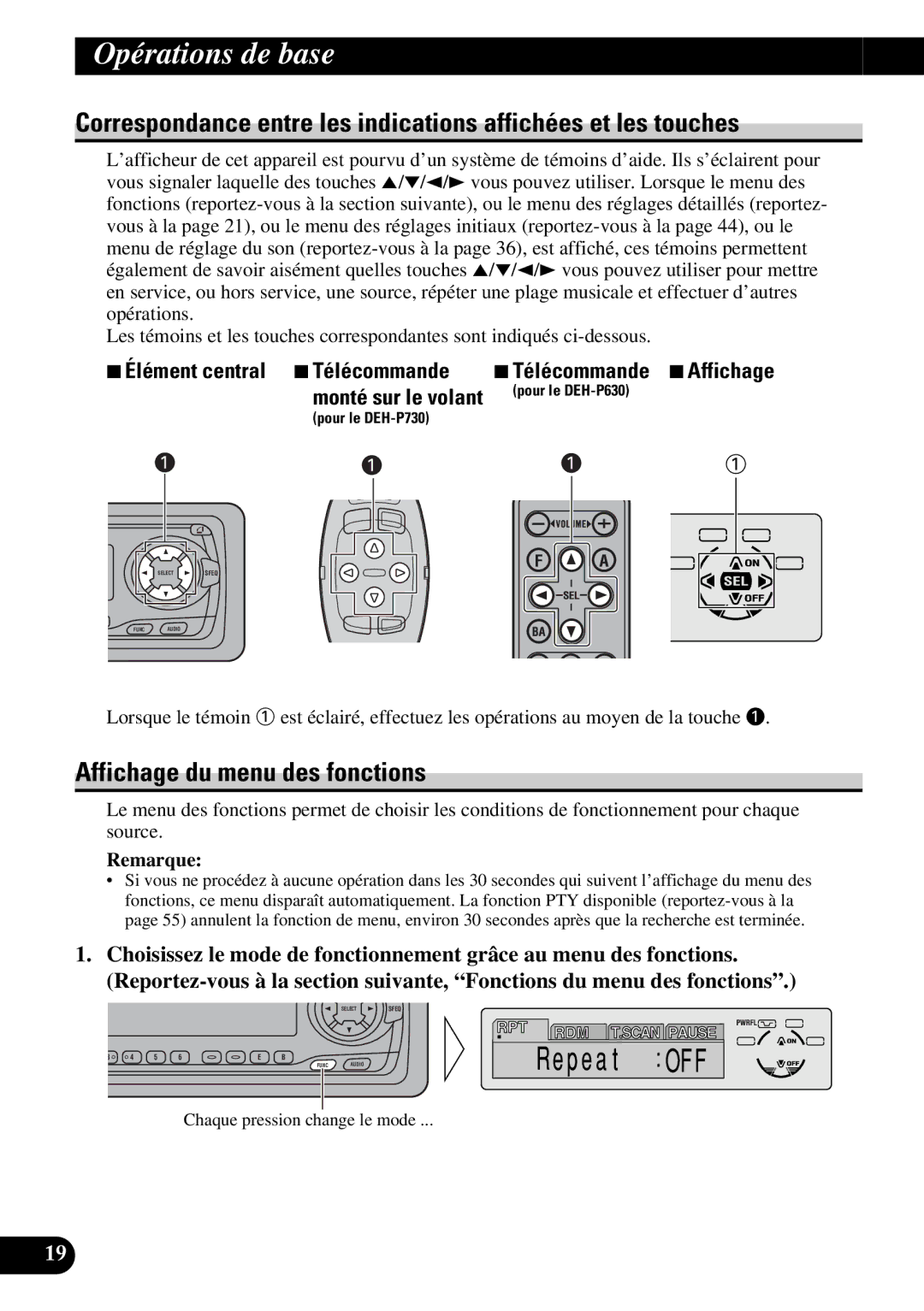 Pioneer DEH-P730, DEH-P630 operation manual Affichage du menu des fonctions, 7Élément central 