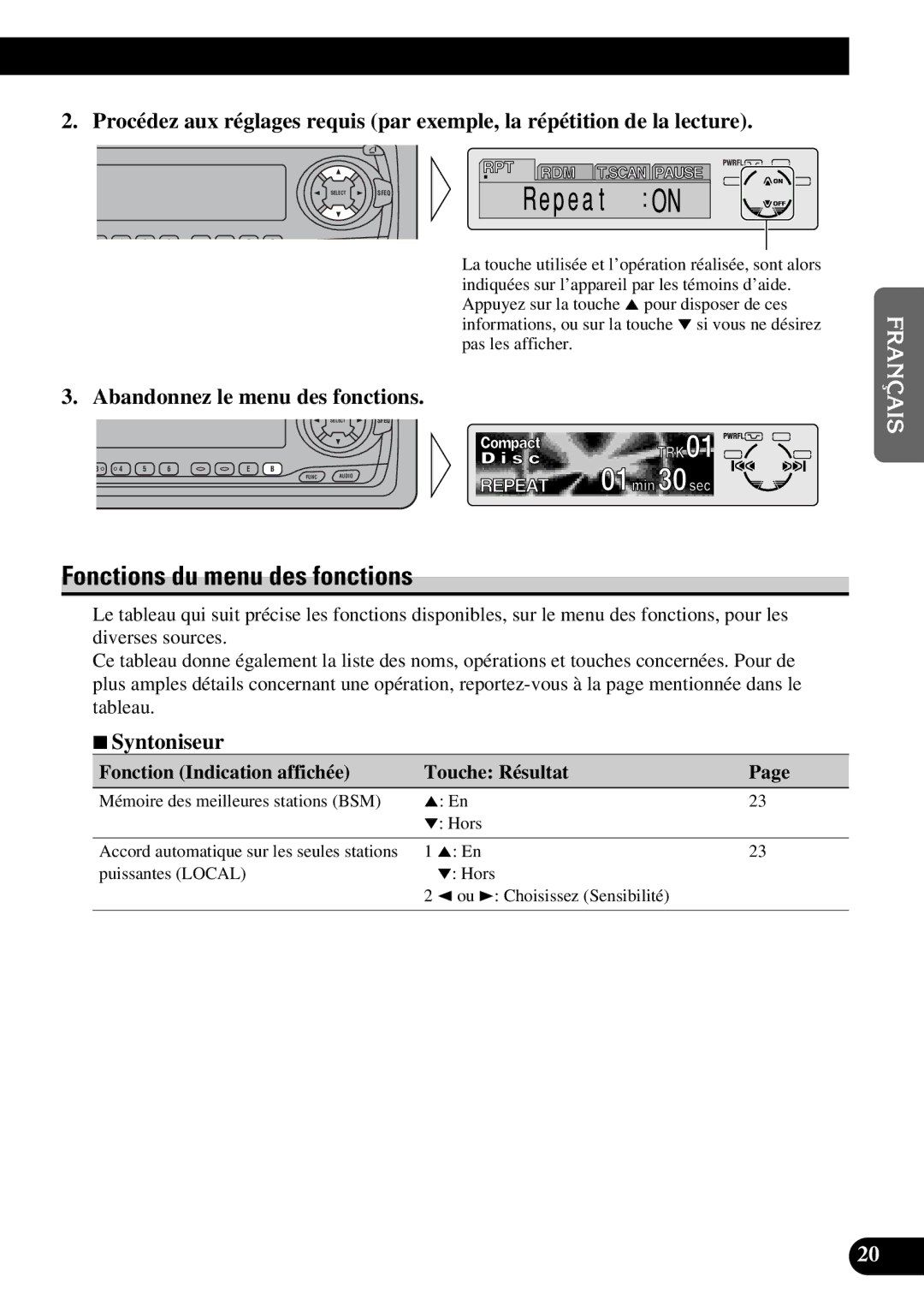 Pioneer DEH-P630, DEH-P730 operation manual Fonctions du menu des fonctions, Abandonnez le menu des fonctions, 7Syntoniseur 