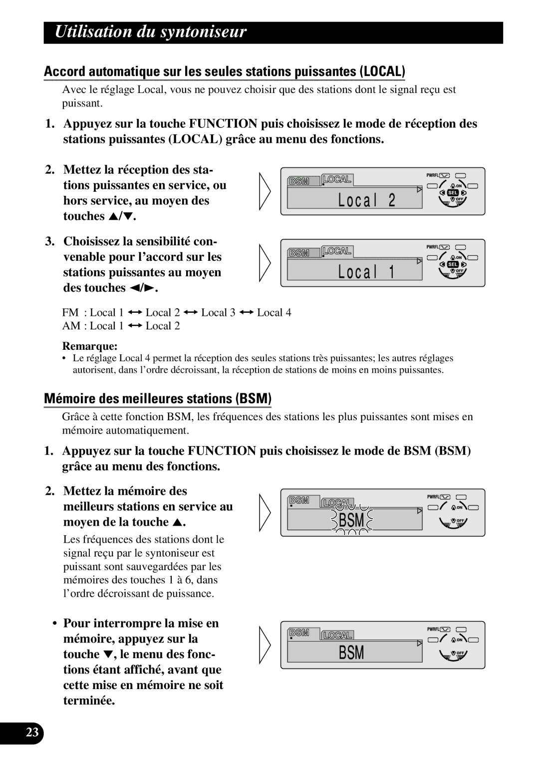 Pioneer DEH-P730, DEH-P630 Utilisation du syntoniseur, Accord automatique sur les seules stations puissantes Local 