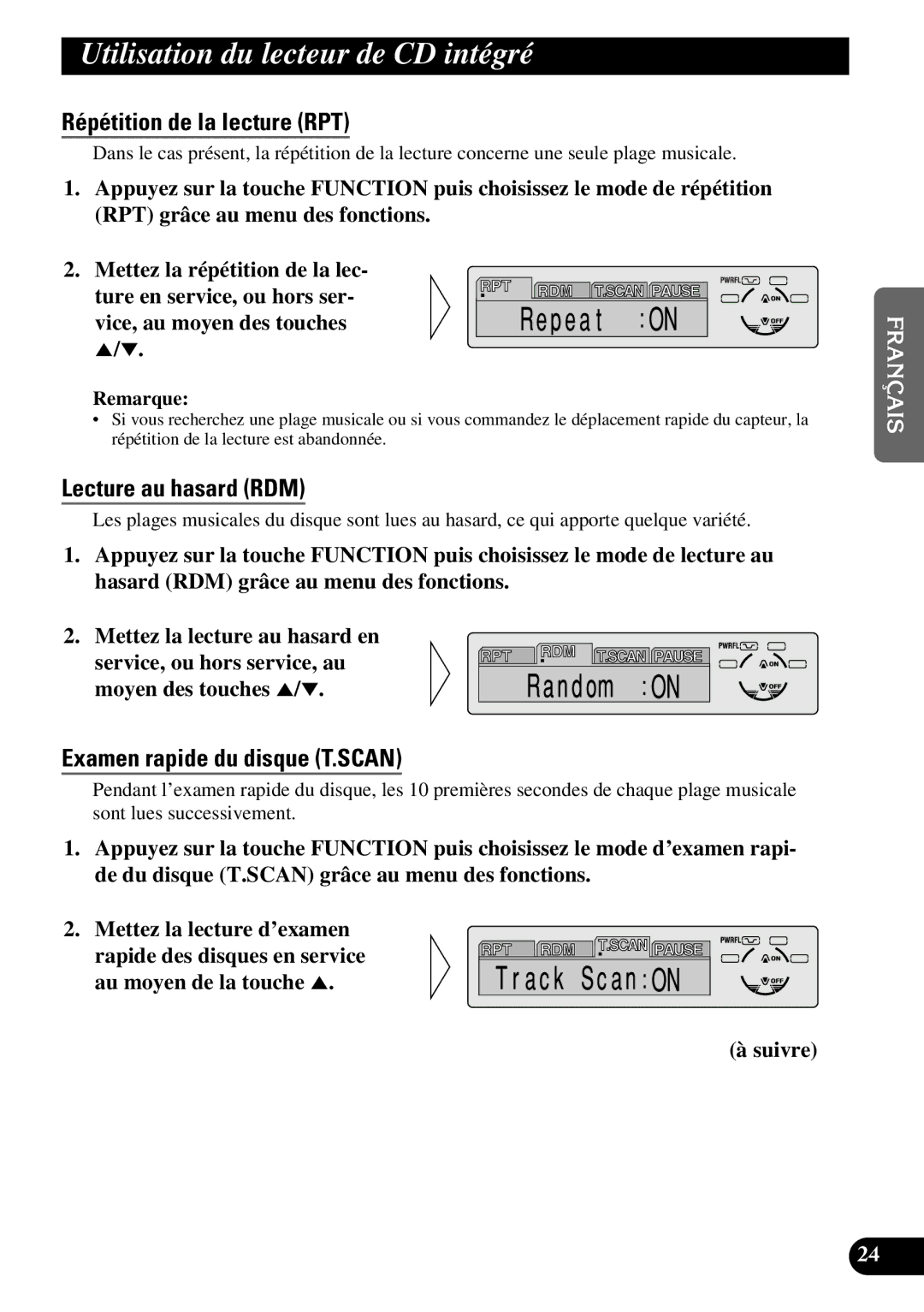 Pioneer DEH-P630, DEH-P730 Utilisation du lecteur de CD intégré, Répétition de la lecture RPT, Lecture au hasard RDM 