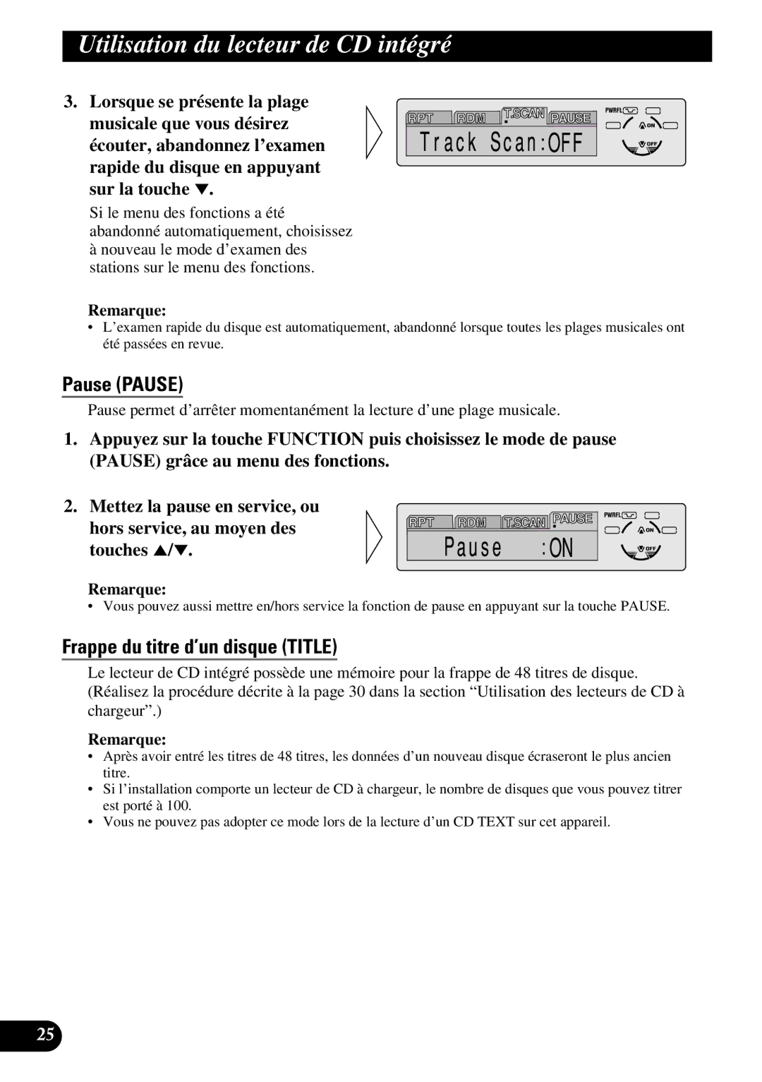 Pioneer DEH-P730, DEH-P630 operation manual Pause Pause, Frappe du titre d’un disque Title 