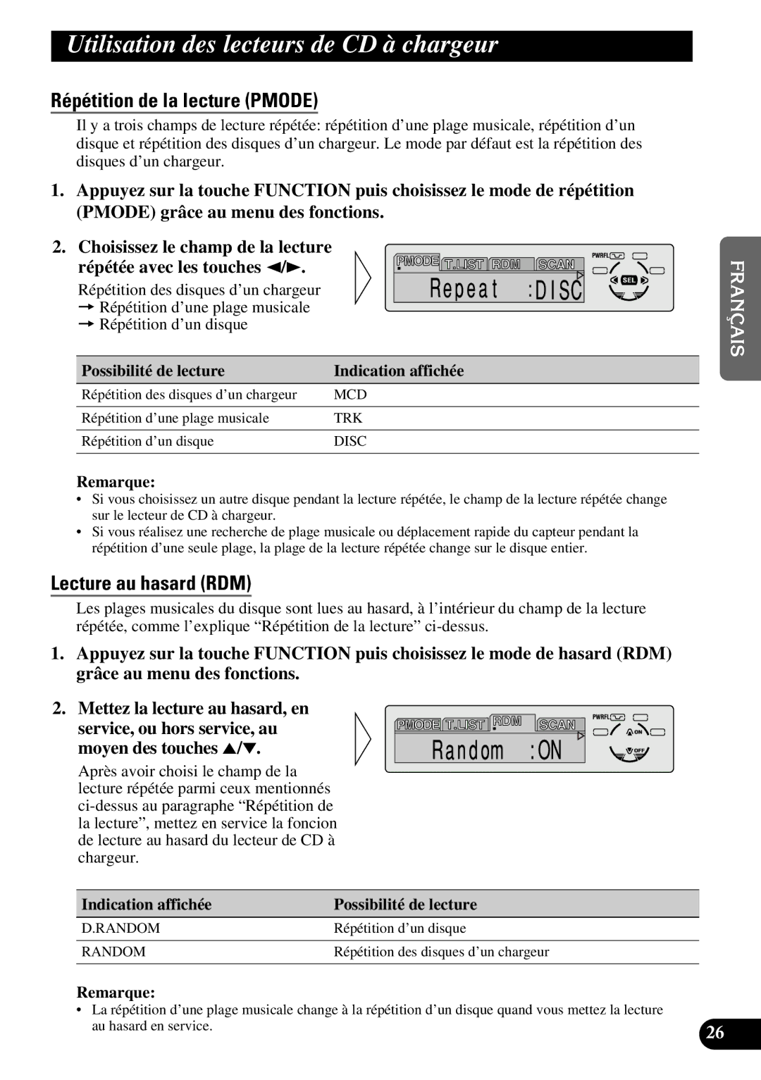 Pioneer DEH-P630, DEH-P730 operation manual Utilisation des lecteurs de CD à chargeur, Répétition de la lecture Pmode 