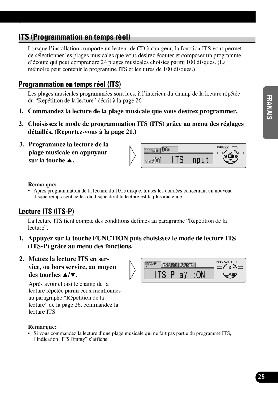 Pioneer DEH-P630, DEH-P730 ITS Programmation en temps réel, Programmation en temps réel ITS, Lecture ITS ITS-P 