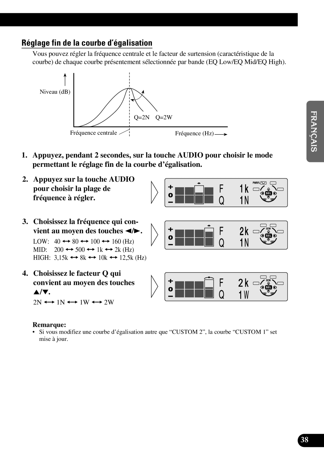 Pioneer DEH-P630, DEH-P730 operation manual Réglage fin de la courbe d’égalisation, 2N += 1N += 1W += 2W 