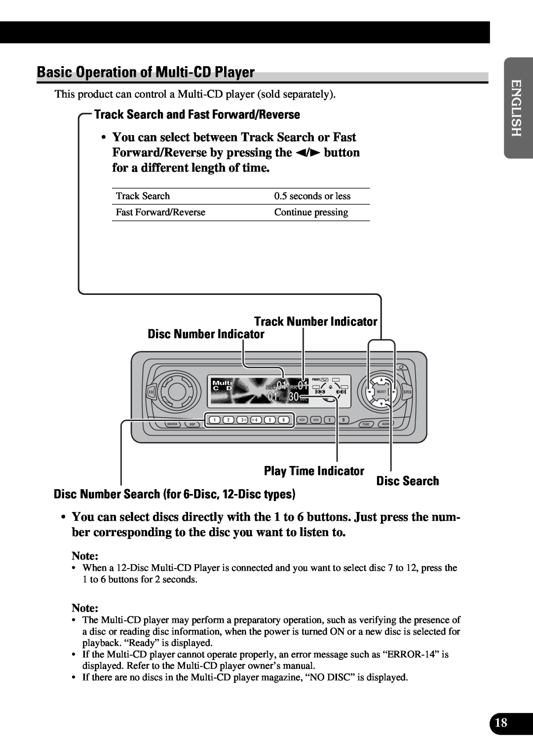 Pioneer DEH-P630, DEH-P730 operation manual Basic Operation of Multi-CD Player, Track Search and Fast Forward/Reverse 
