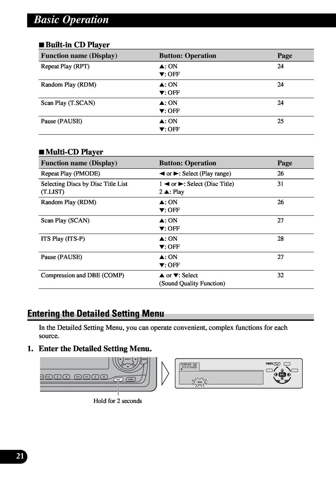 Pioneer DEH-P730 Entering the Detailed Setting Menu, 7Built-in CD Player, 7Multi-CD Player, Basic Operation, Page 