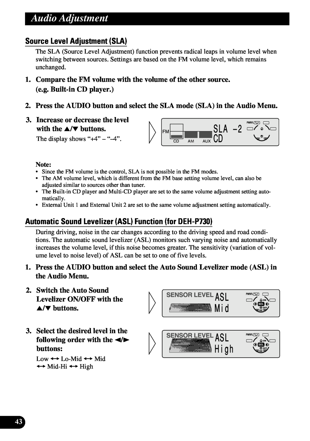 Pioneer DEH-P630 Source Level Adjustment SLA, Automatic Sound Levelizer ASL Function for DEH-P730, Audio Adjustment 