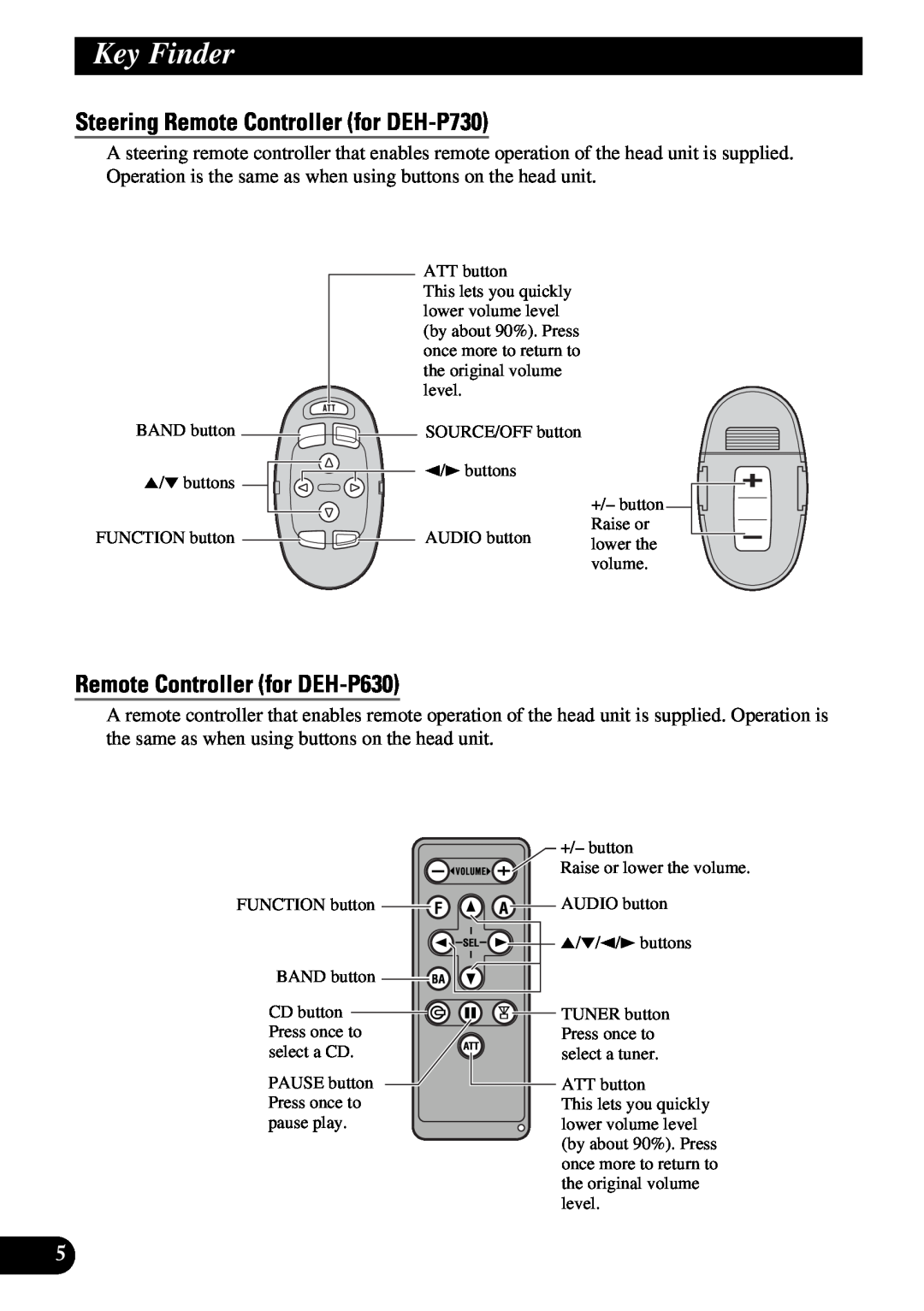 Pioneer operation manual Steering Remote Controller for DEH-P730, Remote Controller for DEH-P630, Key Finder 