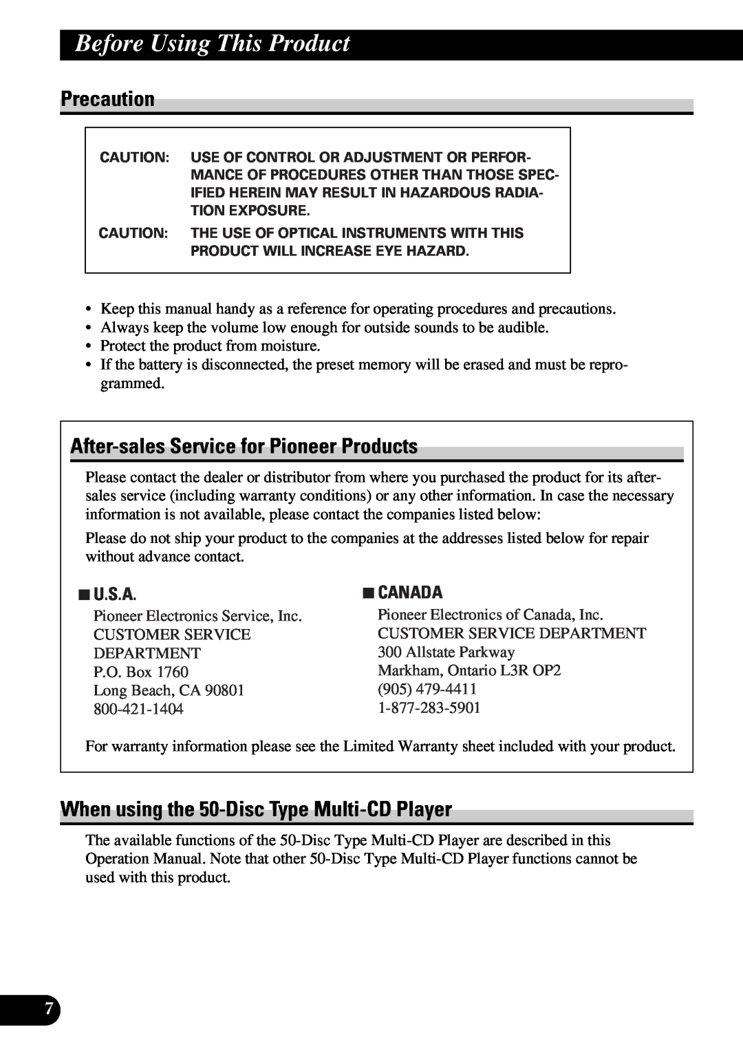 Pioneer DEH-P730 Precaution, After-sales Service for Pioneer Products, When using the 50-Disc Type Multi-CD Player, 7U.S.A 