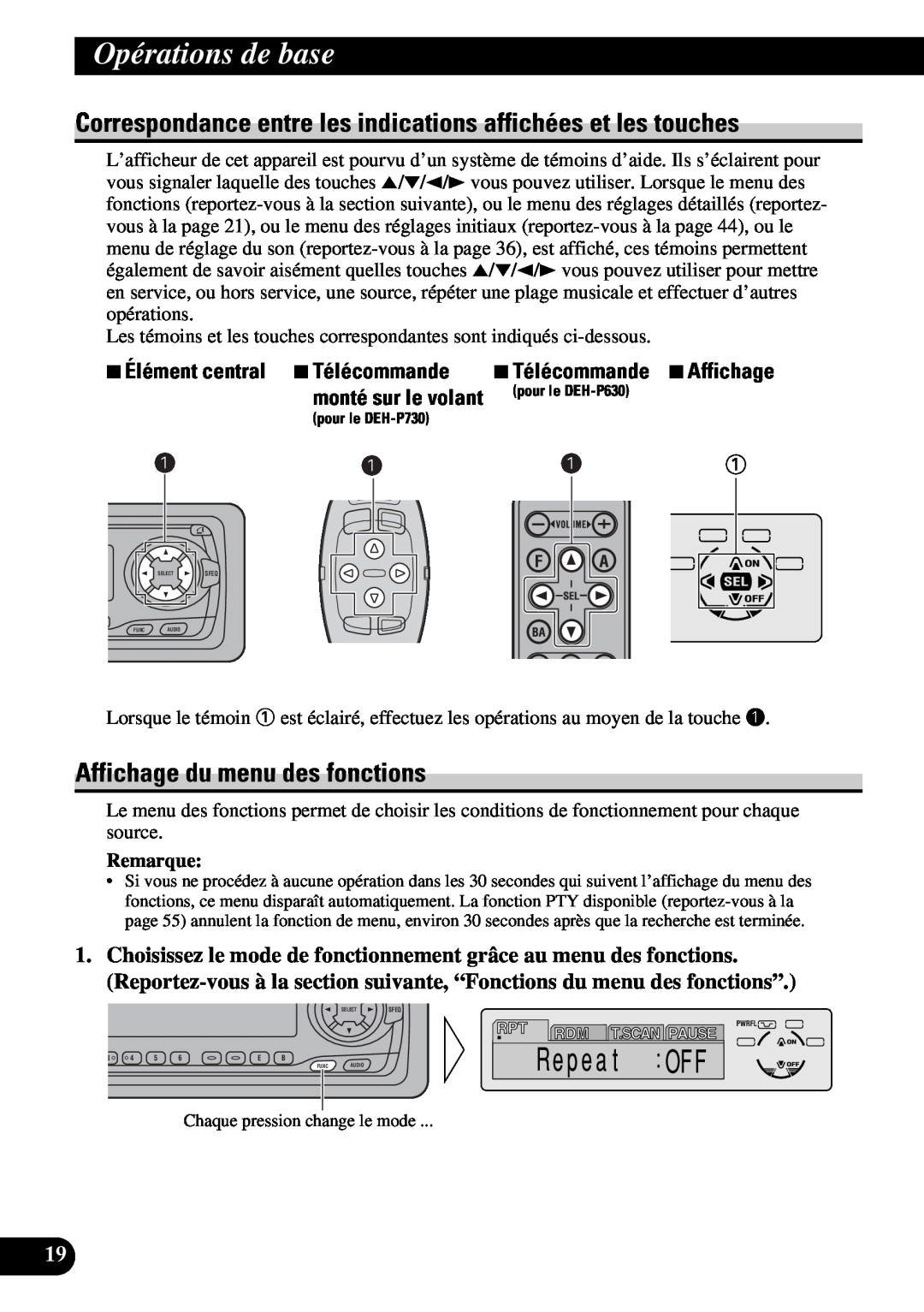 Pioneer DEH-P730 Correspondance entre les indications affichées et les touches, Affichage du menu des fonctions, Remarque 