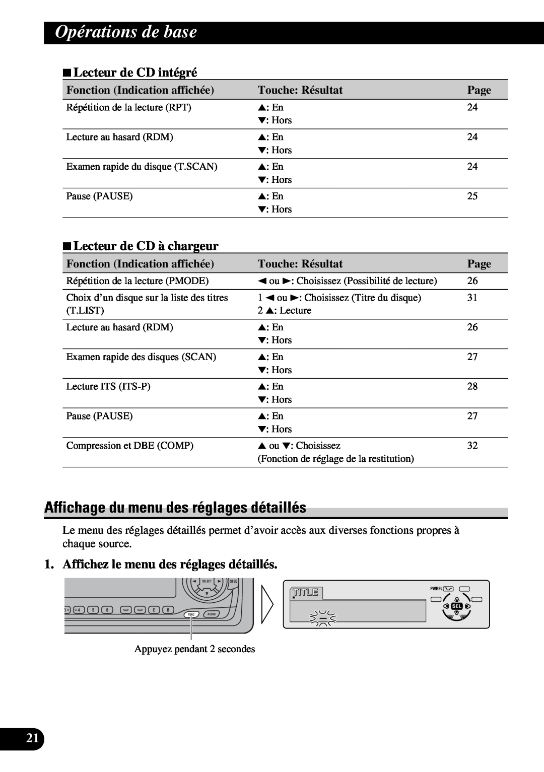 Pioneer DEH-P730 Affichage du menu des réglages détaillés, 7Lecteur de CD intégré, 7Lecteur de CD à chargeur, Page 