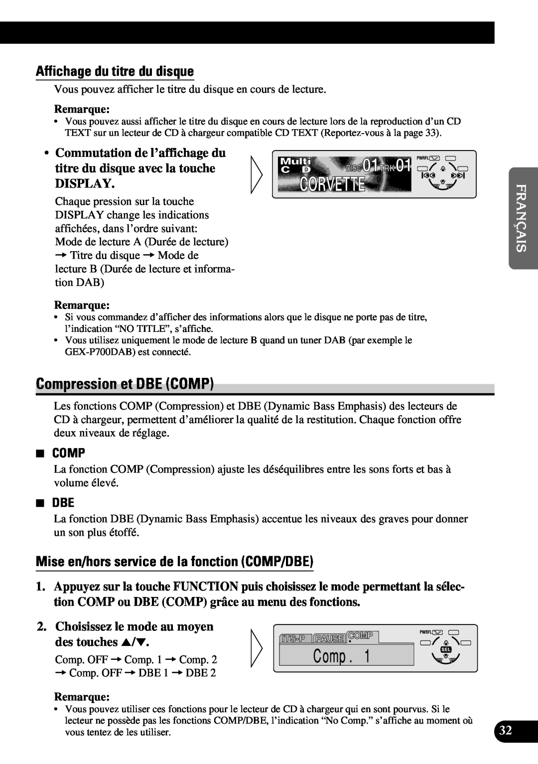 Pioneer DEH-P630 Compression et DBE COMP, Affichage du titre du disque, Mise en/hors service de la fonction COMP/DBE 