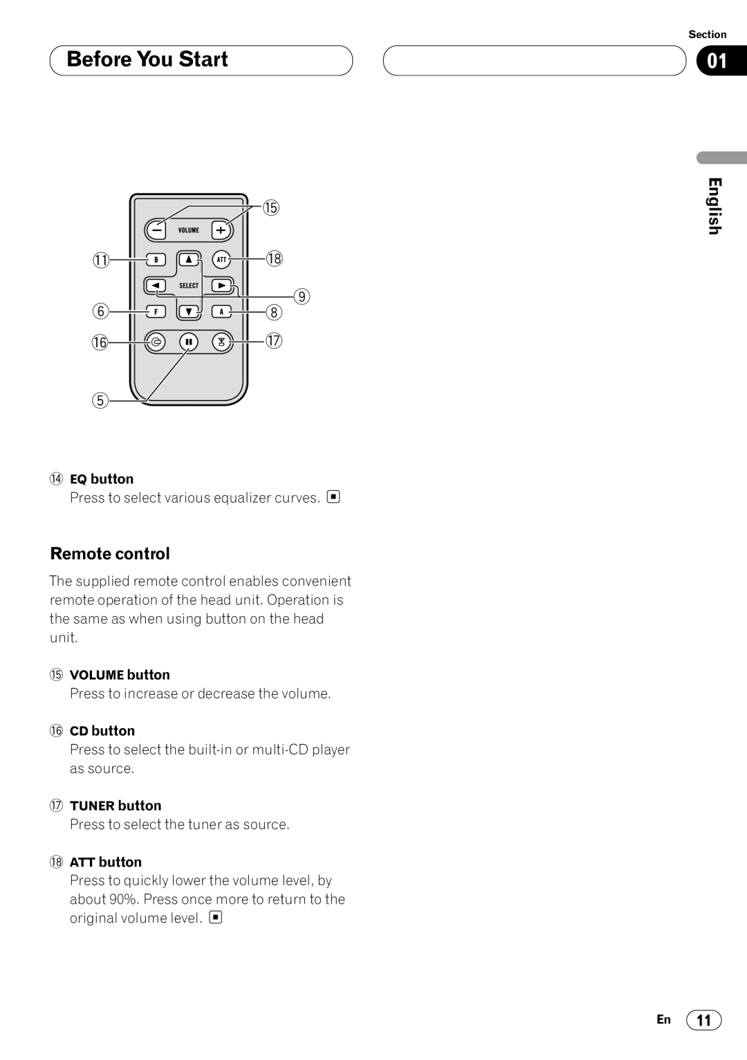 Pioneer DEH-P7400MP operation manual Remote control, EQ button, # CD button, ATT button 