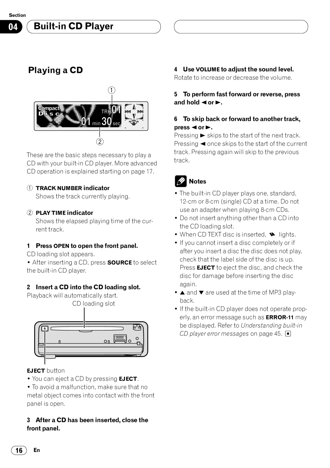 Pioneer DEH-P7400MP Built-in CD Player, Playing a CD, Press Open to open the front panel. CD loading slot appears 