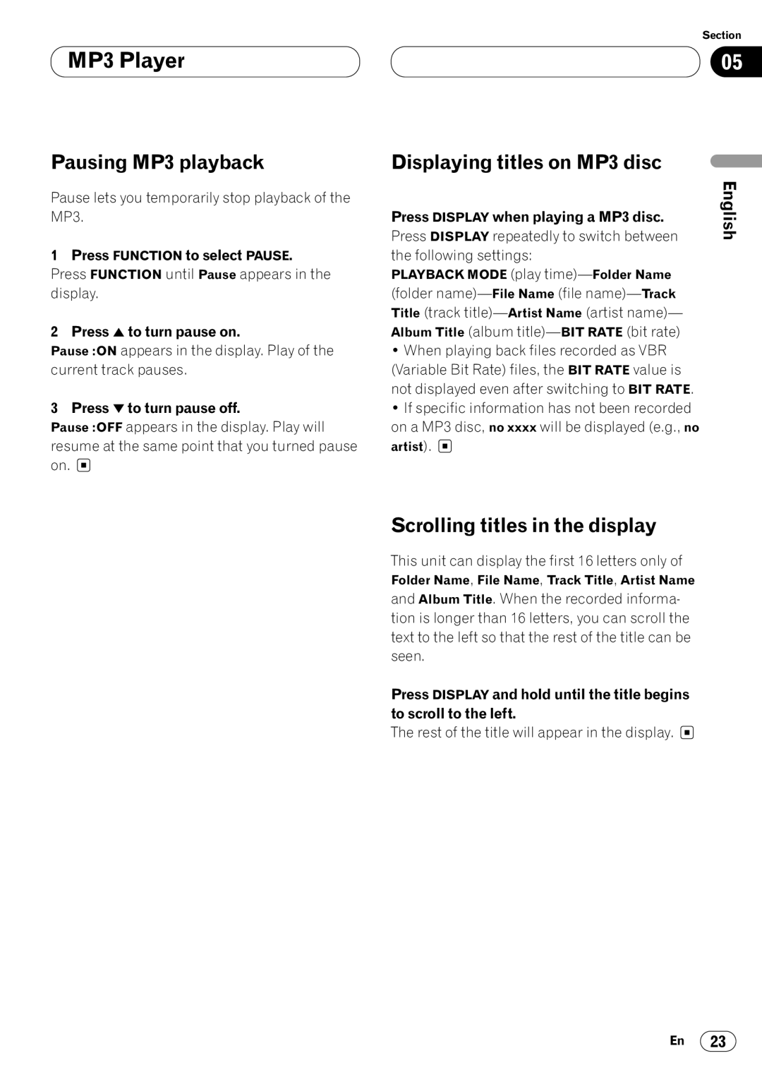 Pioneer DEH-P7400MP operation manual Pausing MP3 playback, Displaying titles on MP3 disc, Scrolling titles in the display 