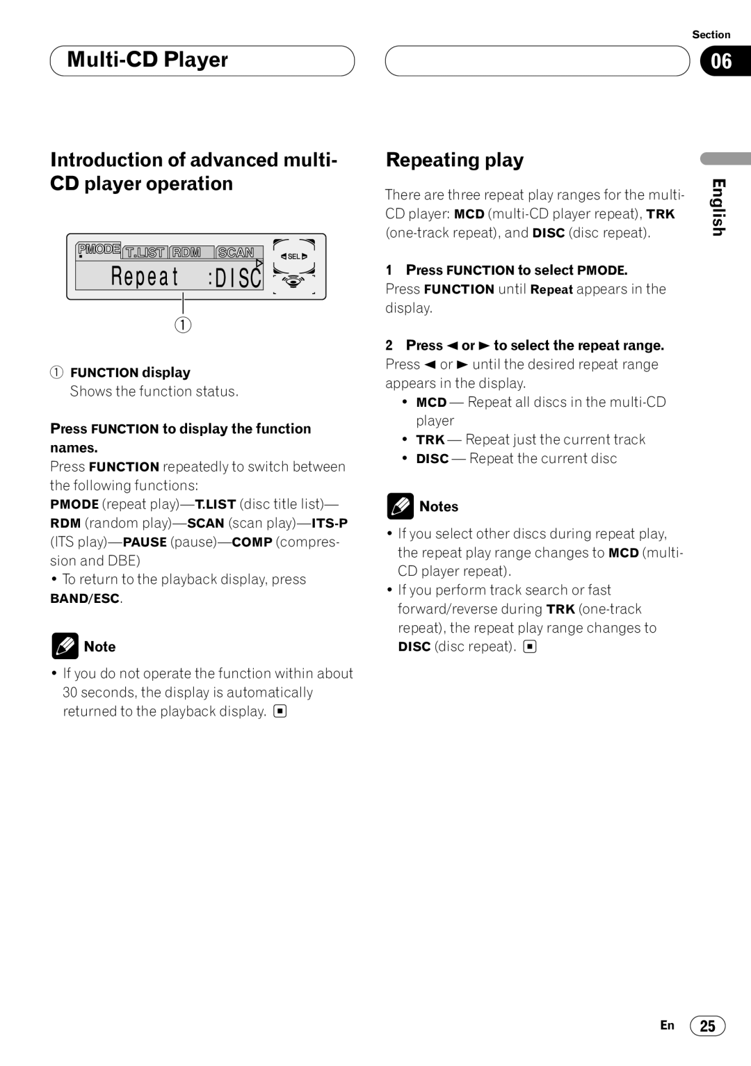 Pioneer DEH-P7400MP Introduction of advanced multi- CD player operation, Press Function to display the function names 