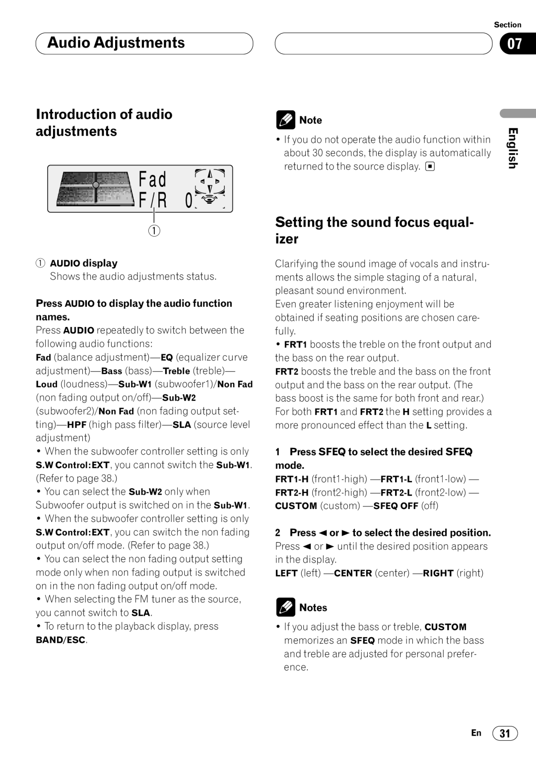 Pioneer DEH-P7400MP Audio Adjustments, Introduction of audio adjustments, Setting the sound focus equal, Izer 