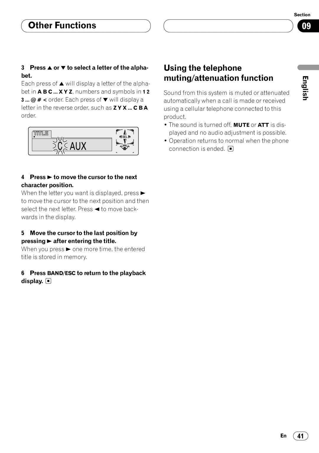 Pioneer DEH-P7400MP Using the telephone muting/attenuation function, Press 5 or ∞ to select a letter of the alpha- bet 