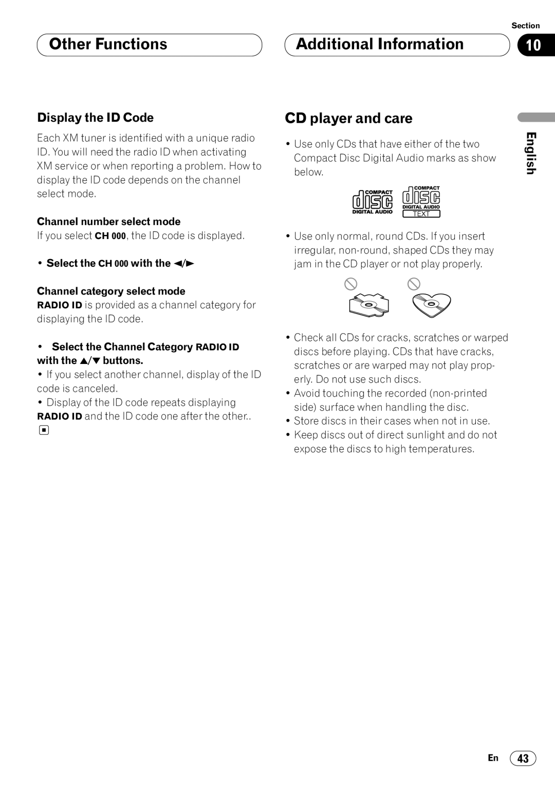 Pioneer DEH-P7400MP operation manual Additional Information, CD player and care, Display the ID Code 