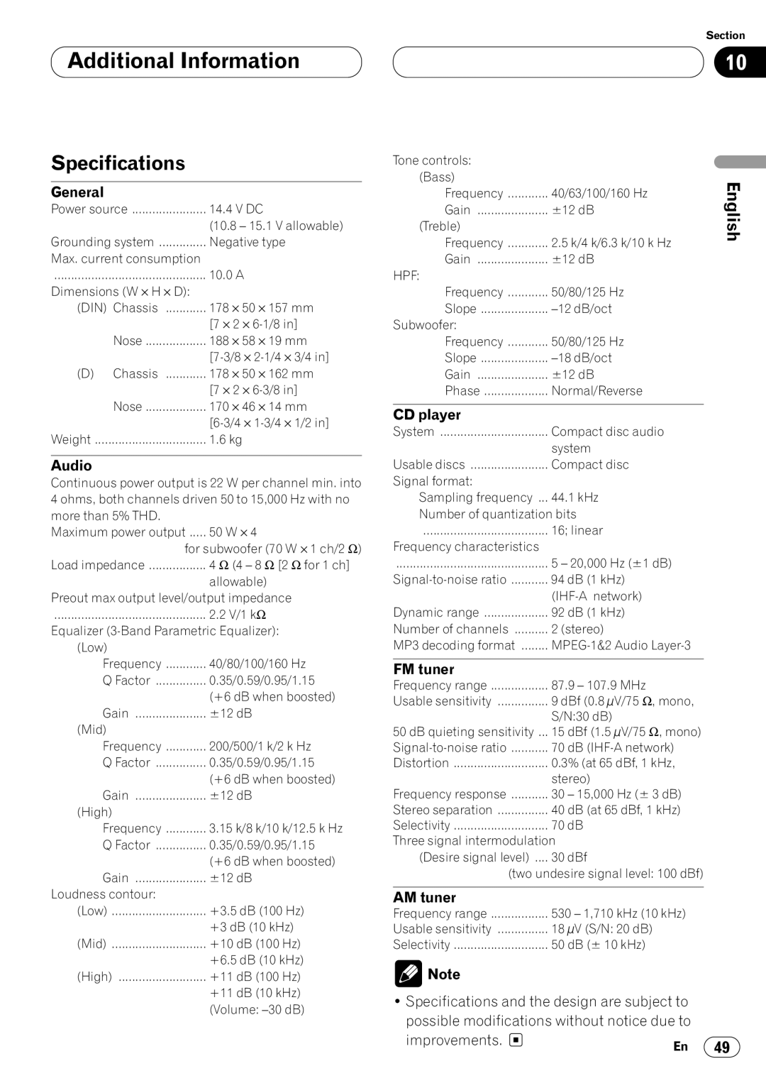 Pioneer DEH-P7400MP operation manual Specifications 