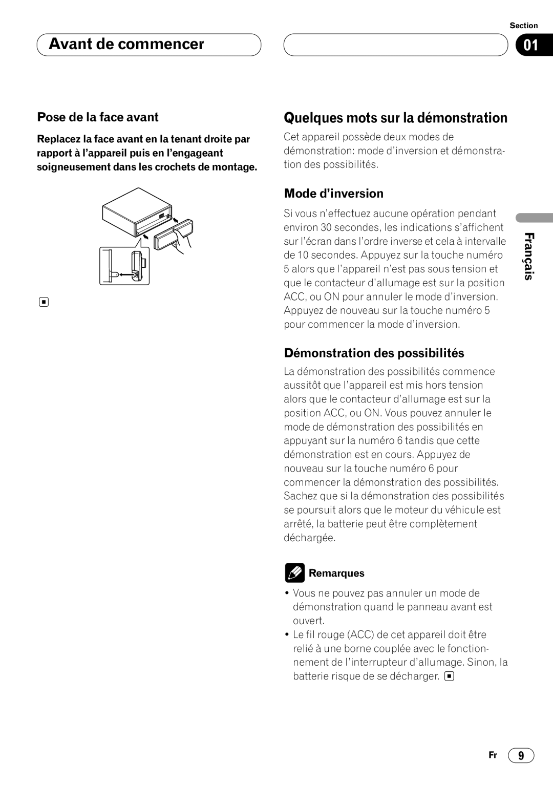 Pioneer DEH-P7400MP operation manual Quelques mots sur la démonstration, Pose de la face avant, Mode d’inversion 