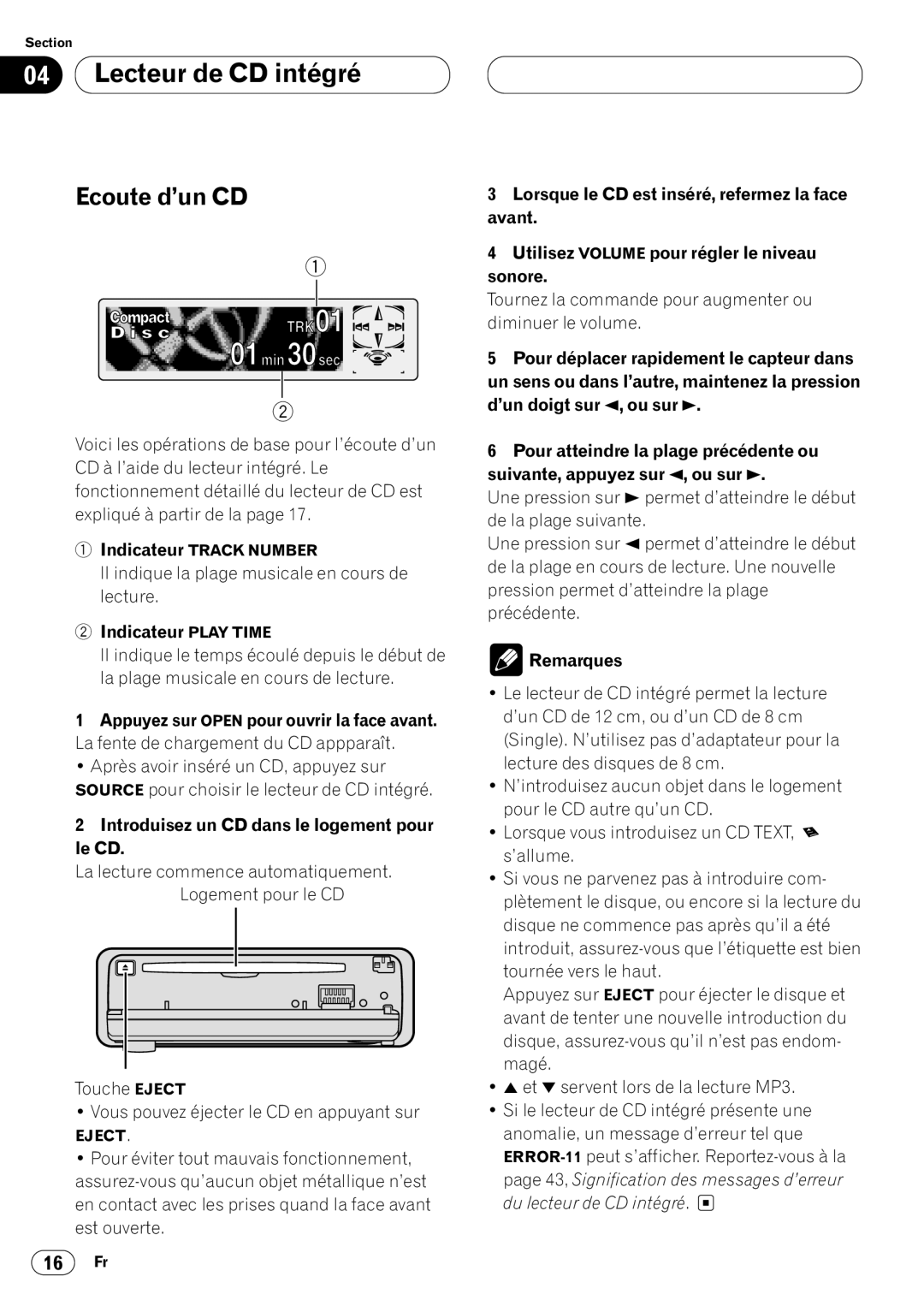 Pioneer DEH-P7400MP operation manual Lecteur de CD intégré, Ecoute d’un CD, Indicateur Play Time 