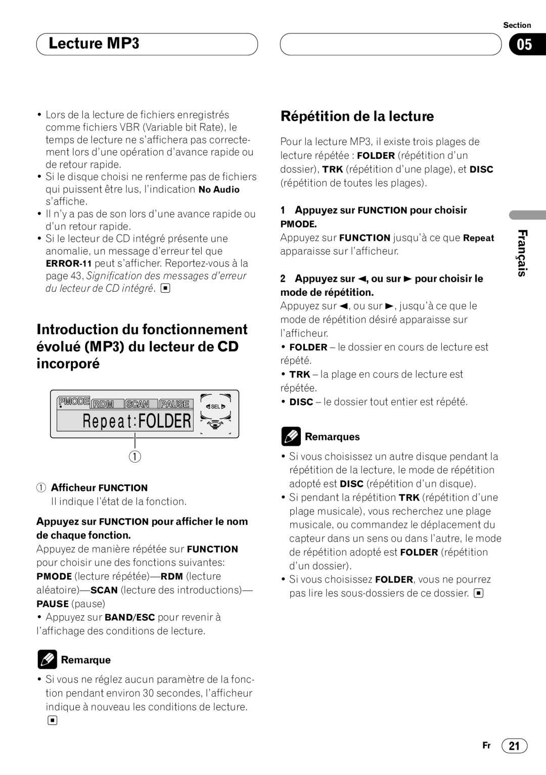 Pioneer DEH-P7400MP operation manual Afficheur Function, Appuyez sur 2, ou sur 3 pour choisir le Mode de répétition 