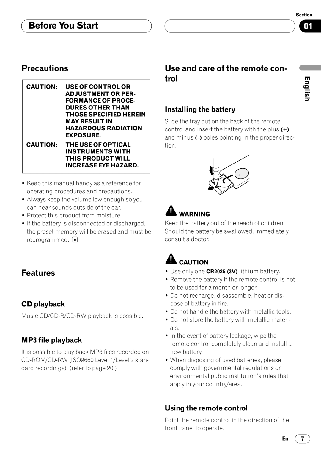 Pioneer DEH-P7400MP operation manual Precautions, Features, Use and care of the remote con Trol 