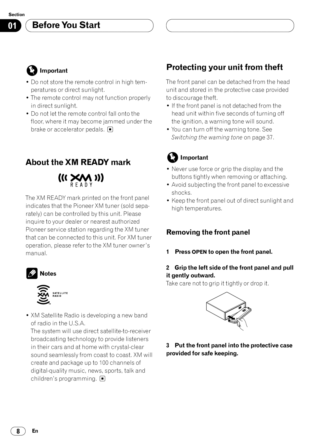 Pioneer DEH-P7400MP operation manual About the XM Ready mark, Protecting your unit from theft, Removing the front panel 