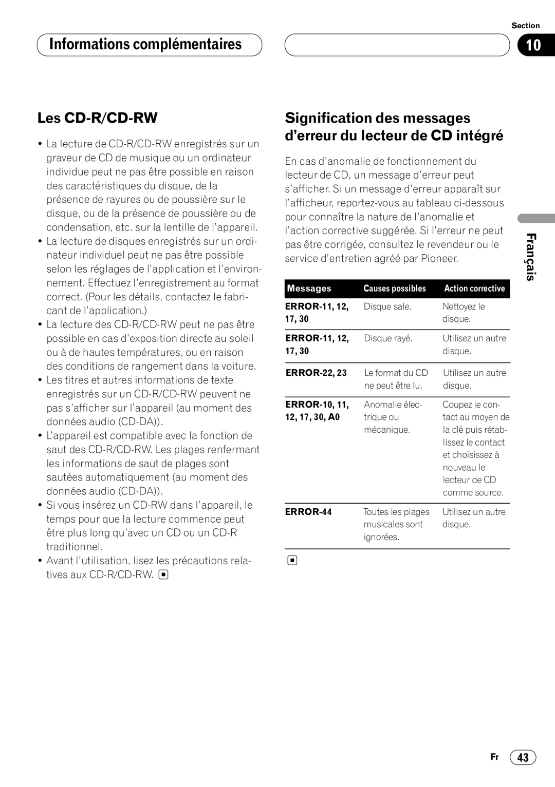 Pioneer DEH-P7400MP operation manual Informations complémentaires Les CD-R/CD-RW 