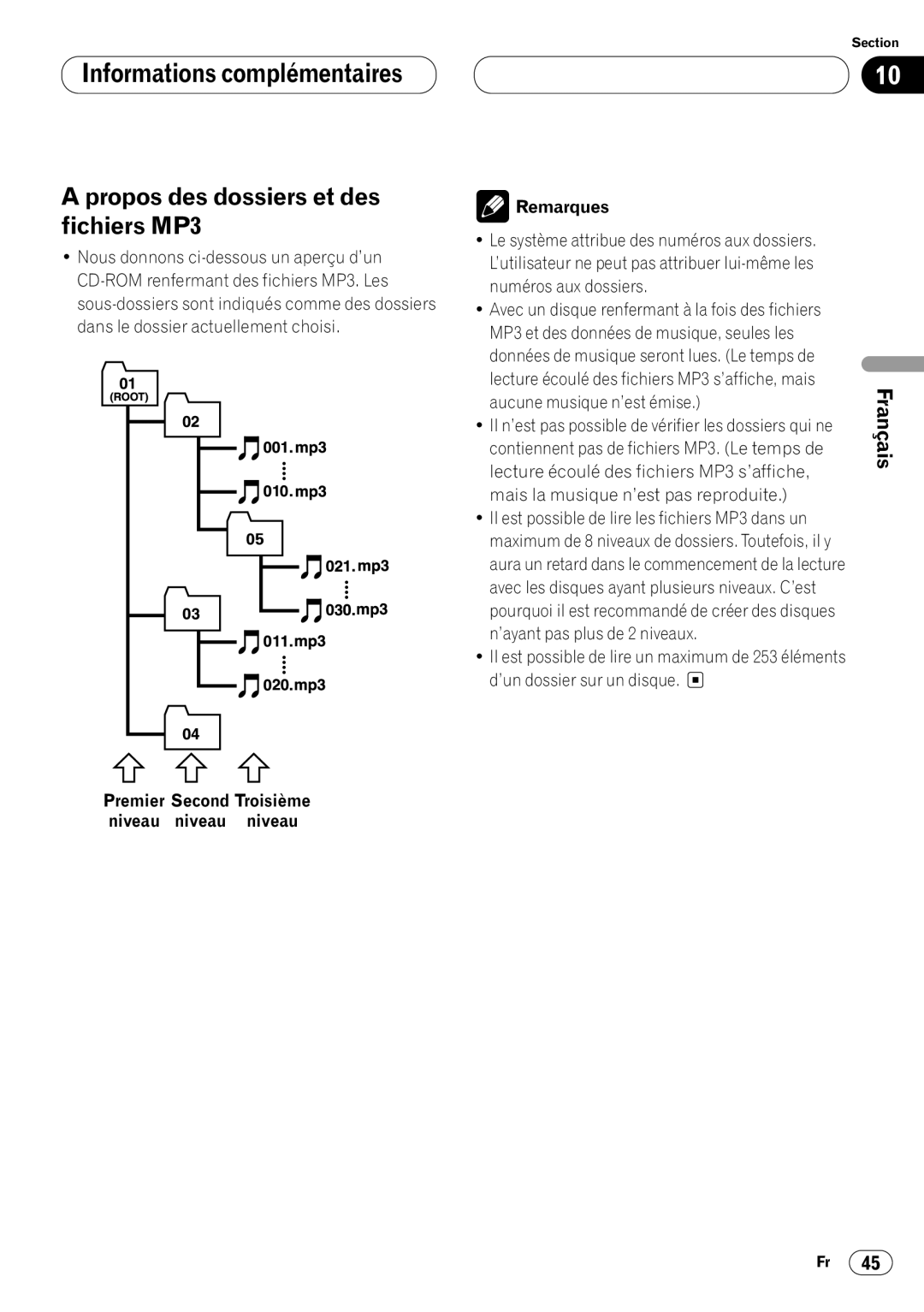 Pioneer DEH-P7400MP operation manual Propos des dossiers et des fichiers MP3, Remarques 