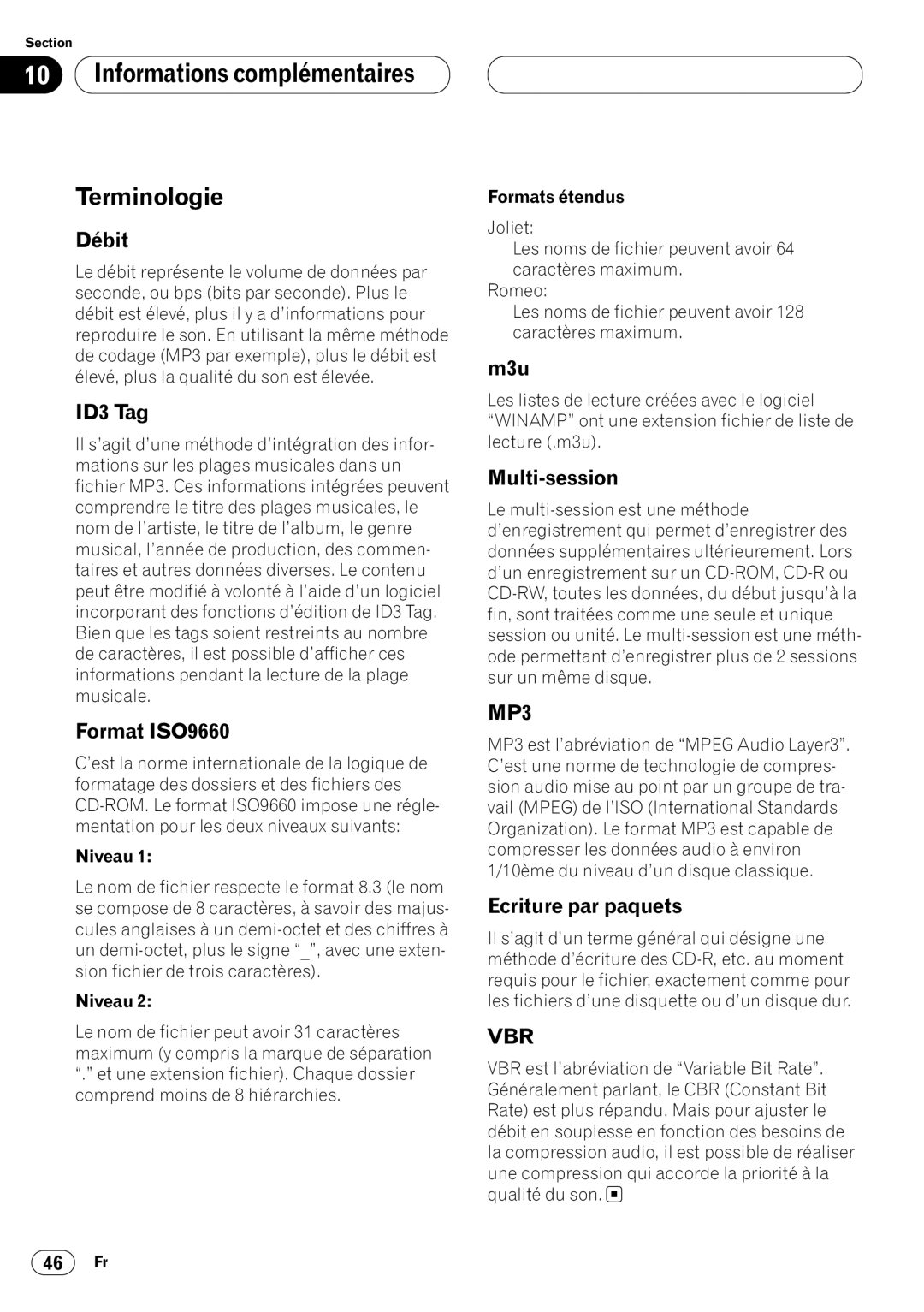 Pioneer DEH-P7400MP operation manual Informations complémentaires Terminologie, Débit, Format ISO9660, Ecriture par paquets 