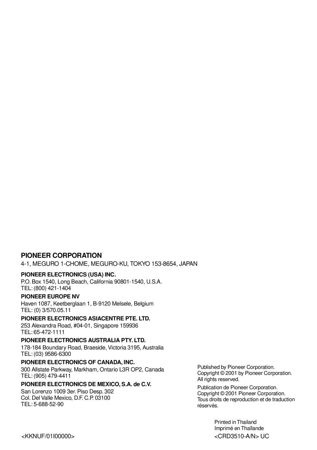 Pioneer DEH-P7400MP operation manual Pioneer Corporation 