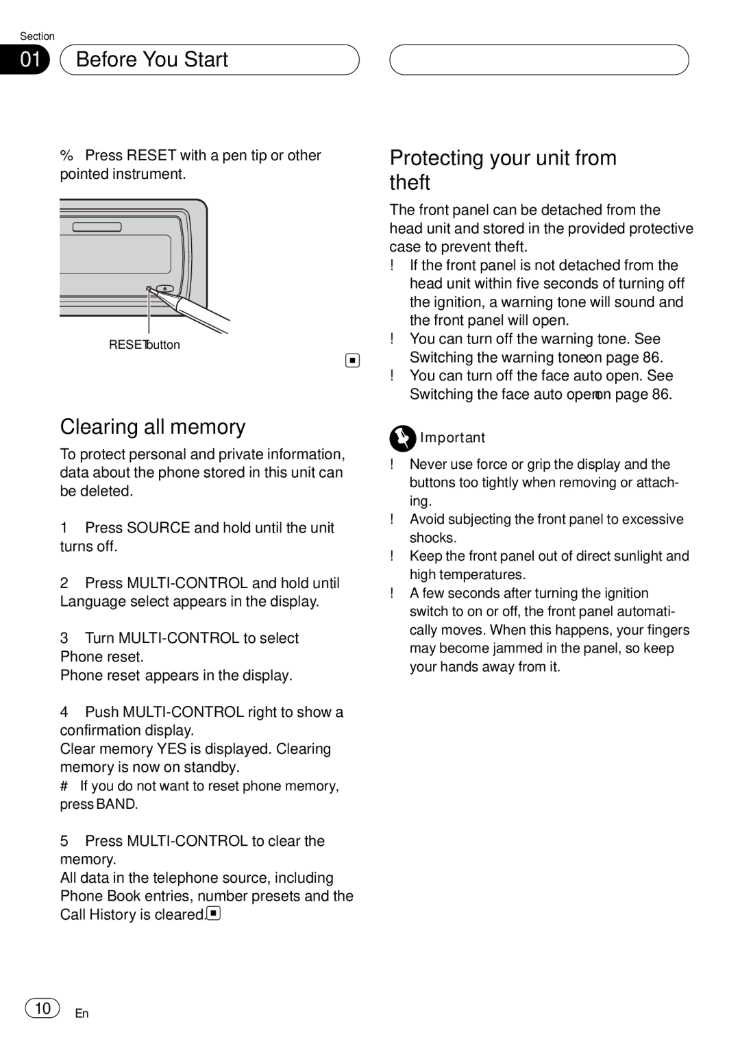 Pioneer DEH-P75BT operation manual Clearing all memory, Protecting your unit from theft 