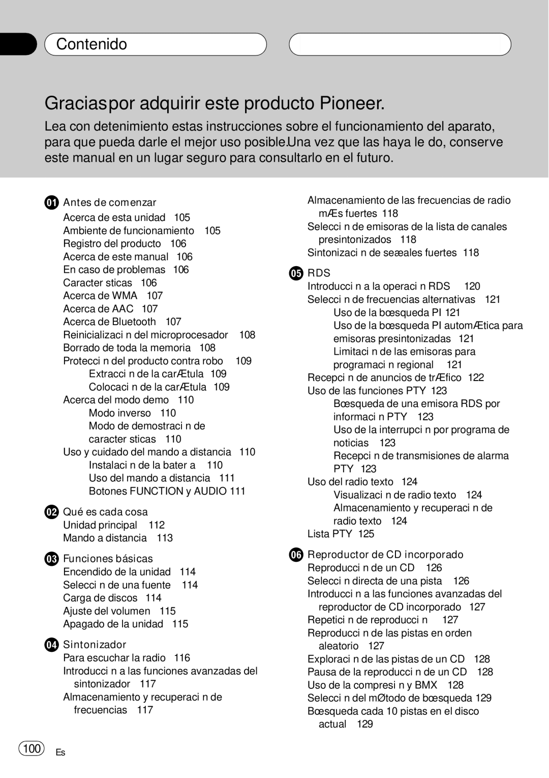 Pioneer DEH-P75BT operation manual Contenido, 100 Es 