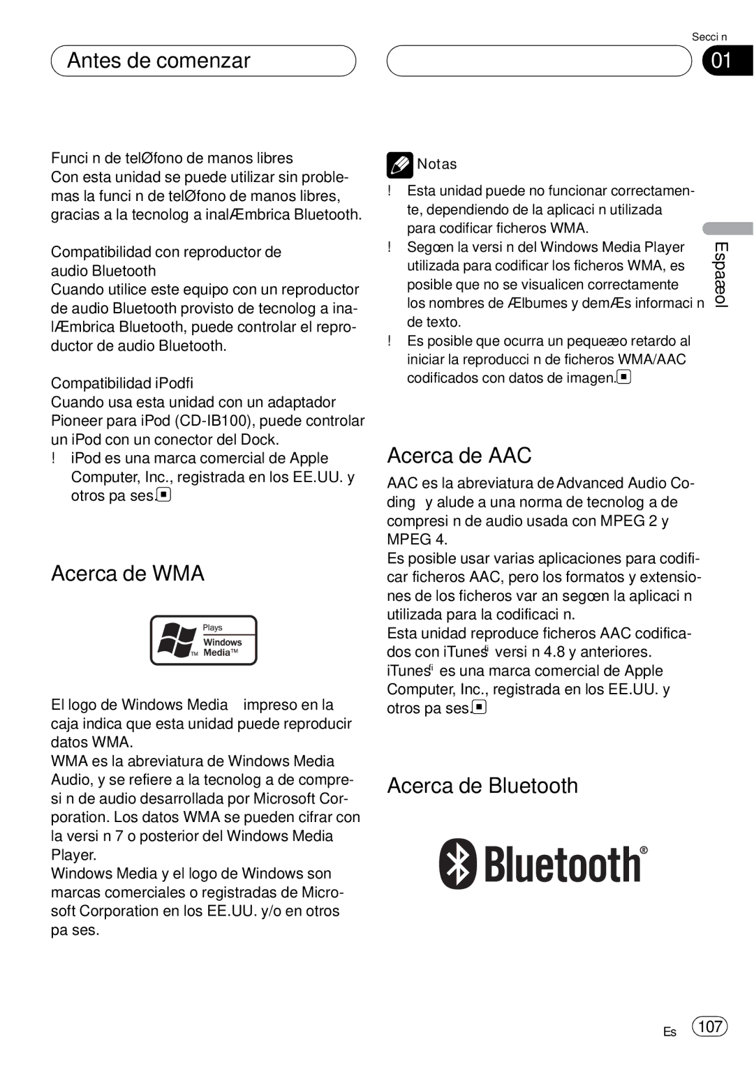 Pioneer DEH-P75BT operation manual Acerca de WMA, Acerca de AAC, Acerca de Bluetooth 